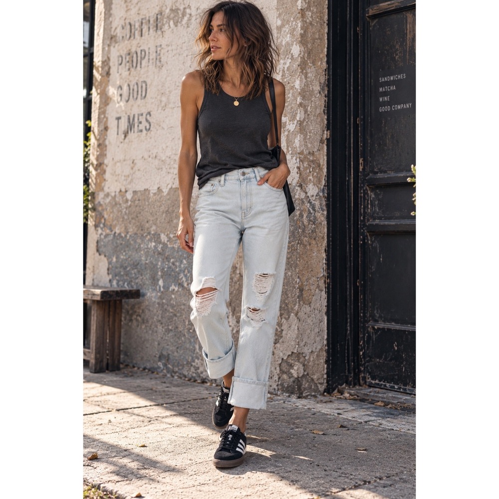 Current‎ Elliott Relaxed Cuffed Boyfriend Distressed Jeans Light Wash 27